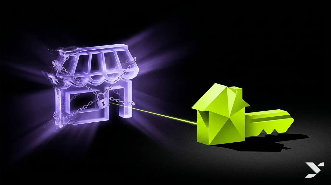 Abstract editorial illustration contrasting a rented padlocked storefront with an owned deed key, lime and violet on black, representing custom website ownership versus Facebook and Wix rental in Egypt
