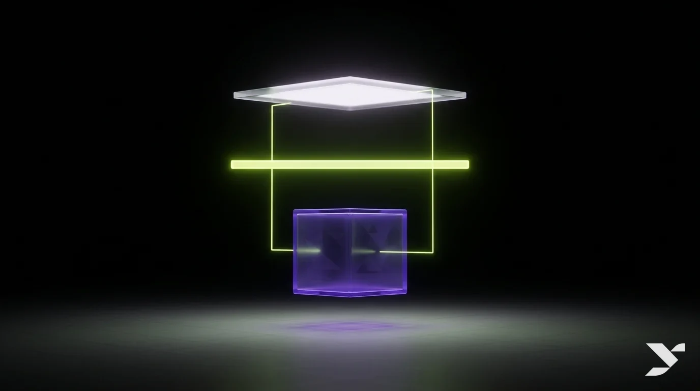 Abstract diagram-style illustration separating three layers — a domain address, a hosting server, and a website screen — in YMS lime and violet on pure black