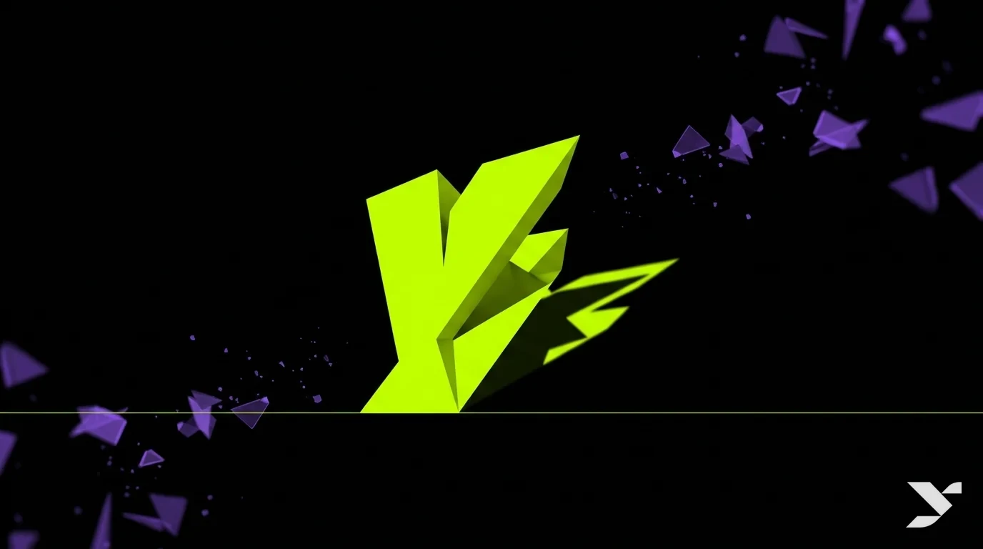 Abstract editorial composition on pure black with a single lime and violet form, representing one builder over a scaled team
