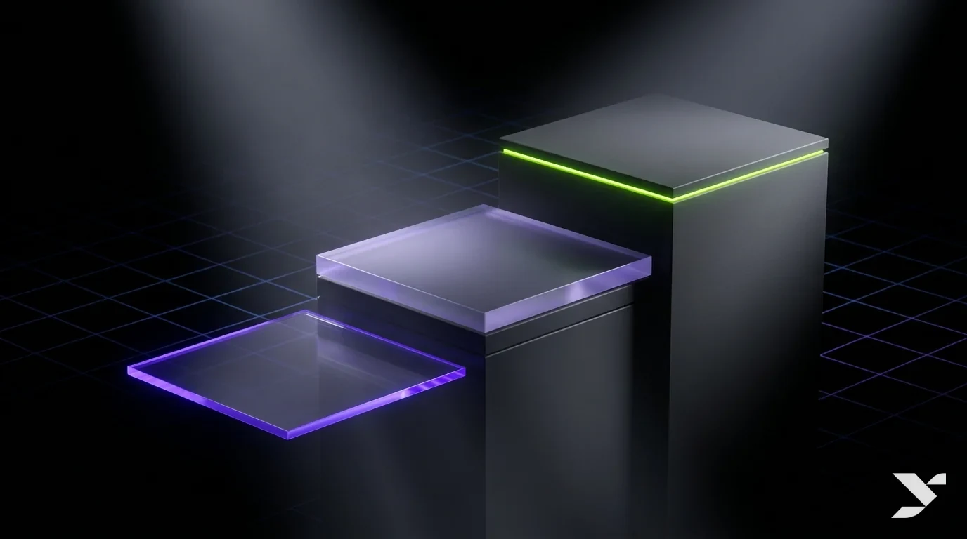 Abstract editorial illustration of Egyptian website pricing tiers rising from a rented template to an owned custom system, lime and violet on black
