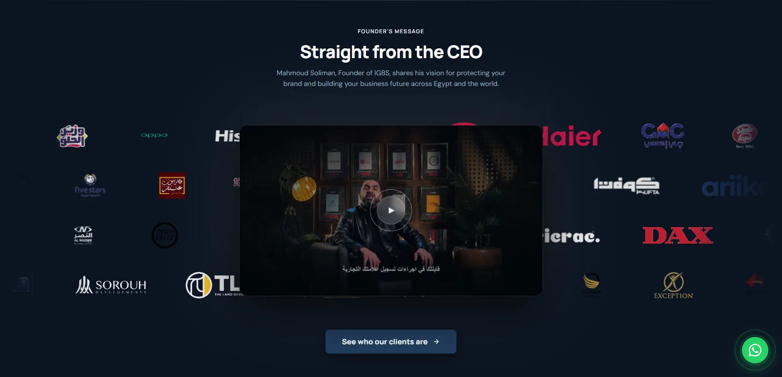 IGBS homepage 'Straight from the CEO' section featuring the founder's video message centred over a wall of real client logos (Tecno, itel, ariika, Morisushi, Sorouh, Excerption, Alfa, and more)