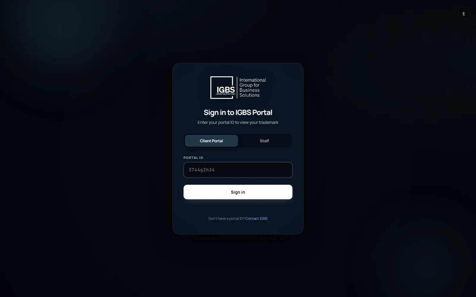 IGBS Portal sign-in screen with Client Portal and Staff tabs
